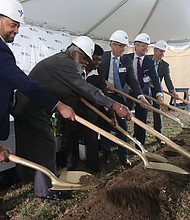 Participating in Tuesday’s groundbreaking ceremony of Bon Secours Mercy Health’s new medical office building at 28th Street and Nine Mile Road in the East End are, from left, Joseph May, director of mission, Bon Secours Richmond Community Hospital; Faraz Yousuf, Bon Secours’ Richmond market president; Rev. Sylvester T. Smith, pastor of Good Shepherd Baptist Church and member of the hospital’s community advisory council; City Council President Cynthia I. Newbille; Joseph “Joey” Trapani, the hospital’s chief operating officer; Bryan Lee, president of Richmond Community and St. Mary’s hospitals; and Christopher Accashian, chief operating officer of Bon Secours Richmond Health System.