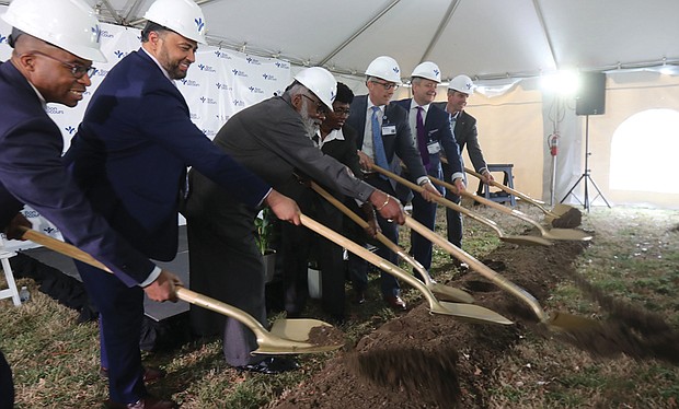 Participating in Tuesday’s groundbreaking ceremony of Bon Secours Mercy Health’s new medical office building at 28th Street and Nine Mile Road in the East End are, from left, Joseph May, director of mission, Bon Secours Richmond Community Hospital; Faraz Yousuf, Bon Secours’ Richmond market president; Rev. Sylvester T. Smith, pastor of Good Shepherd Baptist Church and member of the hospital’s community advisory council; City Council President Cynthia I. Newbille; Joseph “Joey” Trapani, the hospital’s chief operating officer; Bryan Lee, president of Richmond Community and St. Mary’s hospitals; and Christopher Accashian, chief operating officer of Bon Secours Richmond Health System.