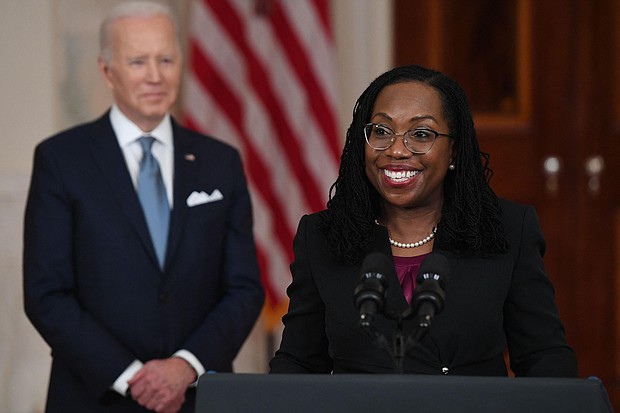 Jackson, with Biden, speaks at the White House after she was nominated, Friday, February 25.
Mandatory Credit:	SAUL LOEB/AFP/Getty Images