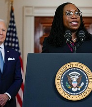 Judge Ketanji Brown Jackson speaks after President Joe Biden announced Jackson as his nominee to the Supreme Court in the Cross Hall of the White House in Washington.
Mandatory Credit:	Carolyn Kaster/AP