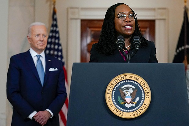 Judge Ketanji Brown Jackson speaks after President Joe Biden announced Jackson as his nominee to the Supreme Court in the Cross Hall of the White House in Washington.
Mandatory Credit:	Carolyn Kaster/AP