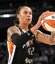 Brittney Griner #42 of the Phoenix Mercury during a game against the Chicago Sky October 10, 2021 in Phoenix, Arizona. Family and friends of Griner are demanding the US basketball star be released after she was detained in Russia.
Mandatory Credit:	Michael Gonzales/NBAE/Getty Images