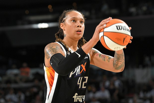Brittney Griner #42 of the Phoenix Mercury during a game against the Chicago Sky October 10, 2021 in Phoenix, Arizona. Family and friends of Griner are demanding the US basketball star be released after she was detained in Russia.
Mandatory Credit:	Michael Gonzales/NBAE/Getty Images