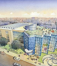 This rendering shows plans for the $70 million facelift of Richmond Public Library’s Main Library in Downtown, facing Franklin Street. A new modern addition with a parking deck would be added to the 1st Street side of the building.