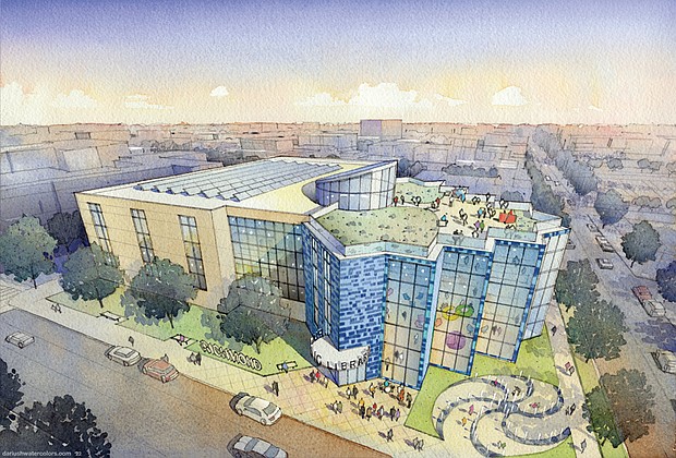 This rendering shows plans for the $70 million facelift of Richmond Public Library’s Main Library in Downtown, facing Franklin Street. A new modern addition with a parking deck would be added to the 1st Street side of the building.