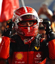 Race winner Charles Leclerc celebrates at the Bahrain International Circuit on March 20.
Mandatory Credit:	Lars Baron/Getty Images Europe/Getty Images
