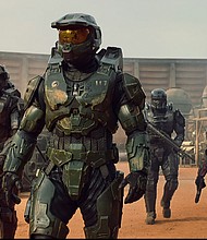 Actor Pablo Schreiber (C) plays Master Chief in "Halo" on Paramount+.
Mandatory Credit:	Paramount+
