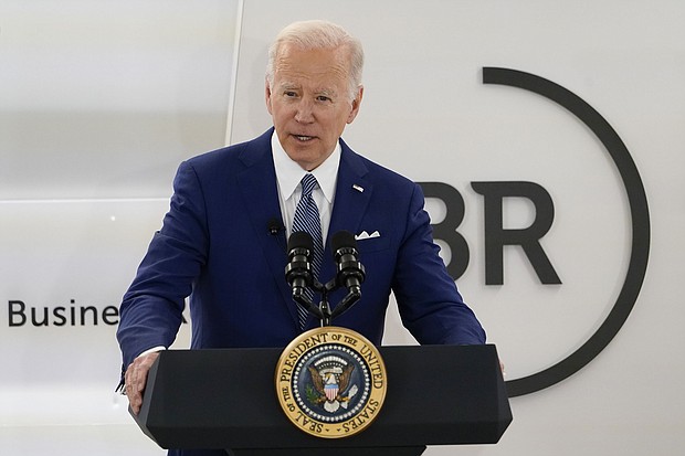 President Joe Biden speaks at Business Roundtable's CEO Quarterly Meeting, Monday, March 21, in Washington. Leaders, including Biden, arrived to NATO headquarters on March 23 intent on demonstrating unity amid Russia's aggression.
Mandatory Credit:	Patrick Semansky/AP