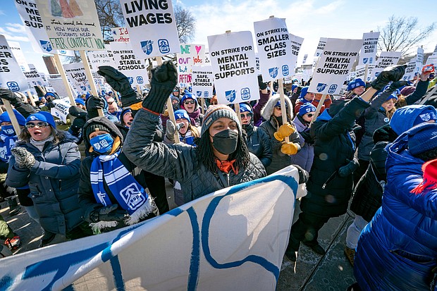 Members of the Minneapolis Federation of Teachers are shown protesting for smaller classroom sizes and safer schools on March 9 in St. Paul, Minnesota. They Minneapolis Public Schools reached a tentative deal with teachers on March 25, ending a strike that officially started on March 8.
Mandatory Credit:	Glen Stubbe/AP