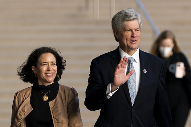 Nebraska Rep. Jeff Fortenberry and his wife, Celeste, arrive for his trial in Los Angeles on March 16. Fortenberry was found guilty of concealing information and making false statements to federal authorities in regard to an investigation looking into illegal campaign contributions in his 2016 reelection campaign, the US Attorney's Office for the Central District of California said on March 25.
Mandatory Credit:	Jae C. Hong/AP