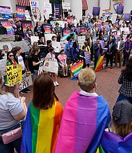Demonstrators are seen here in Tallahassee, Florida on March 7 protesting the "Don't Say Gay" bill. Florida Governor Ron DeSantis signed the Parental Rights in Education bill, dubbed the "Don't Say Gay" bill by its opponents, on March 28.
Mandatory Credit: Wilfredo Lee/AP