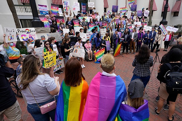 Demonstrators are seen here in Tallahassee, Florida on March 7 protesting the "Don't Say Gay" bill. Florida Governor Ron DeSantis signed the Parental Rights in Education bill, dubbed the "Don't Say Gay" bill by its opponents, on March 28.
Mandatory Credit: Wilfredo Lee/AP