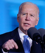 President Joe Biden delivers a speech about the Russian invasion of Ukraine in Warsaw, Poland, on March 26. A comment made by Biden at the end of his address now looms over the White House.
Mandatory Credit: Evan Vucci/AP