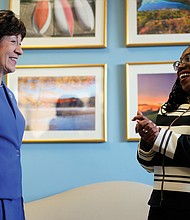 In this file photo, U.S. Supreme Court nominee Judge Ketanji Brown Jackson, right, meets with Sen. Susan Collins of Maine on March 8 on Capitol Hill in Washington.