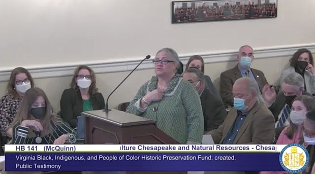 Chief G. Anne Richardson of the Rappahannock Tribe testifies before a General Assembly committee on a measure sponsored by Delegate Delores McQuinn of Richmond that will create a special historic preservation fund for Virginia’s Black, Indigenous and People of Color and their communities.