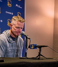 Golden State Warriors coach Steve Kerr spoke about gun violence on April 3 following a mass shooting in Sacramento, California.
Mandatory Credit:	José Luis Villegas/AP