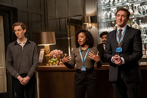 Harry Trevaldwyn (L), Danielle Vitalis, and Peter Serafinowicz star in Judd Apatow's "The Bubble."
Mandatory Credit:	Laura Radford/Netflix