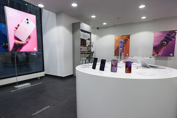 A growing number of international companies, including Apple, Disney and Ford, are dialing back operations in Russia over its invasion of Ukraine. Central Moscow Apple store is one of the largest Apple resellers in Russia.
Mandatory Credit:	Vladimir Gerdo/TASS/Getty Images