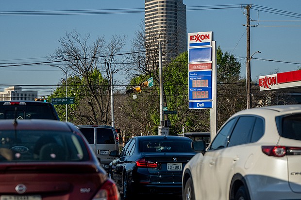 Cars drive past an Exxon gas station on April 01, in Houston, Texas. Exxon expects a profit boom thanks to high oil prices. But exiting Russia will come at a cost.
Mandatory Credit:	Brandon Bell/Getty Images
