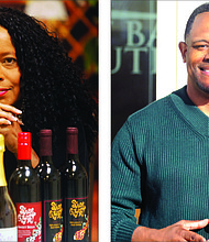 Top left, Gwen Hurt, founder and chief executive officer of Shoe Crazy Wine in Shockoe Bottom, shows off some of her company’s special blends at the company warehouse in Petersburg. Top right, Dr. Derik E. Jones, pastor of First Baptist Church of South Richmond, stands outside the church’s newest campus on Ironbridge Road in Chesterfield.