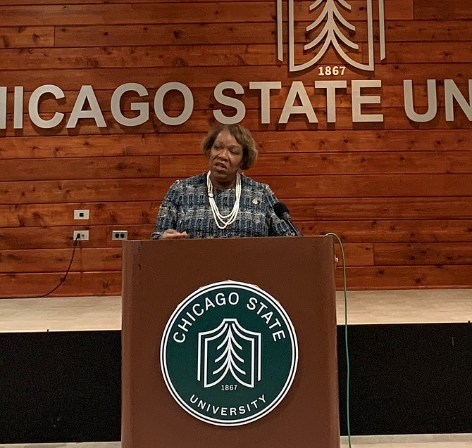 Chicago State University President Zaldwaynaka Scott, Esq. during the announcement that Discover Financial Services is partnering with Chicago State University to expand its Discover College Commitment program. PHOTOS BY TIA CAROL JONES