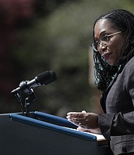 Judge Ketanji Brown Jackson speaks at an event U.S. President Joe Biden and Vice President Kamala Harris hosted celebrating Jackson's confirmation to the U.S. Supreme Court on the South Lawn of the White House on April 8 in Washington, DC.
Mandatory Credit:	Anna Moneymaker/Getty Images North America/Getty Images