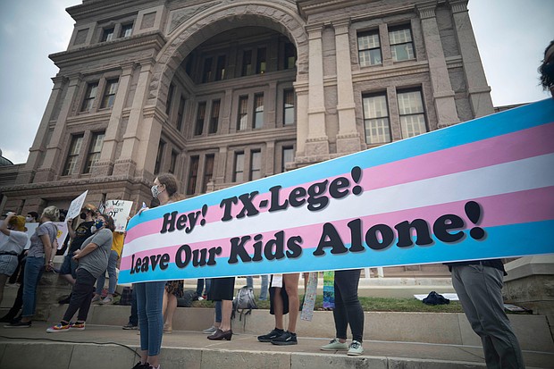 Transgender youth, parents and several Democratic lawmakers rally at the Texas Capitol April 28, 2021.
Mandatory Credit:	Bob Daemmrich/Alamy Stock Photo
