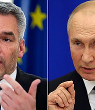 Austria's Chancellor Karl Nehammer, left, met with Vladimir Putin to 'confront' him with atrocities he saw in Ukraine.
Mandatory Credit:	Associated Press