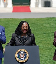 President Biden and Vice President Kamala Harris applaud Judge Ketanji Brown Jackson as she speaks during a ceremony April 8 on the South Lawn of the White House celebrating her confirmation as the first Black woman to be confirmed to the U.S. Supreme Court.