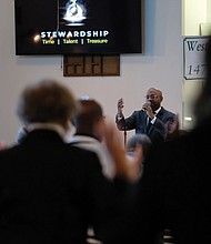 The Rev. Michael R. Lomax, the church’s 15th pastor, preached the service.