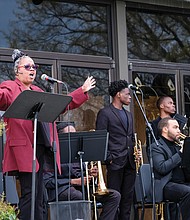 Carol Tony sings with the Virginia Union University Jazz Band last Saturday at the annual springtime VUU Jazz on the Lawn event. It was the first time since the pandemic that the jazz band has been able to perform in public. The band was led by Drew Miles, a VUU adjunct professor who also is the band director at Huguenot High School. The university’s Ambassadors of Sound Marching Band held a benefit fish fry during the event.