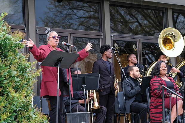 Carol Tony sings with the Virginia Union University Jazz Band last Saturday at the annual springtime VUU Jazz on the Lawn event. It was the first time since the pandemic that the jazz band has been able to perform in public. The band was led by Drew Miles, a VUU adjunct professor who also is the band director at Huguenot High School. The university’s Ambassadors of Sound Marching Band held a benefit fish fry during the event.