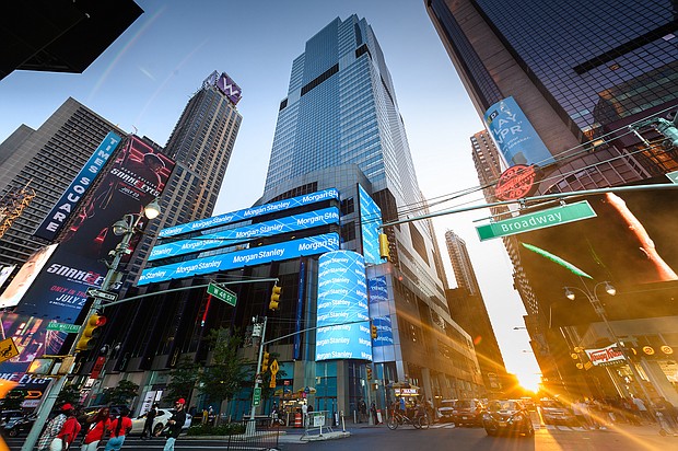 A view of the exterior of The Morgan Stanley Headquarters in Times Square in New York City, July, 2021. Morgan Stanley advised Elon Musk on his $44 billion acquisition of Twitter.
Mandatory Credit:	Getty Images for Morgan Stanley