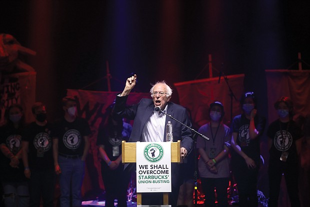 Sen. Bernie Sanders of Vermont, who was joined on stage by local Starbucks workers, speaks at Unity Fest last Sunday at the National Theater in Downtown to celebrate their successful efforts to unionize.