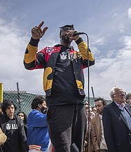 Christian Smalls, founder of the Amazon Labor Union (ALU), speaks during an ALU rally in the Staten Island borough of New York, U.S., on Sunday, April 24.
Mandatory Credit:	Victor J. Blue/Bloomberg/Getty Images