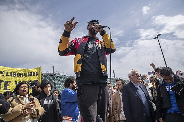 Christian Smalls, founder of the Amazon Labor Union (ALU), speaks during an ALU rally in the Staten Island borough of New York, U.S., on Sunday, April 24.
Mandatory Credit:	Victor J. Blue/Bloomberg/Getty Images
