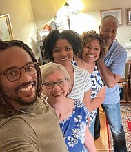 The Mines family pauses to take a selfie with Kate Tweedy during their first meeting last September. They are, from left, Adrian Mines, Kate Tweedy, Lauren Mines, Beatrice Mines and Mike Mines.
