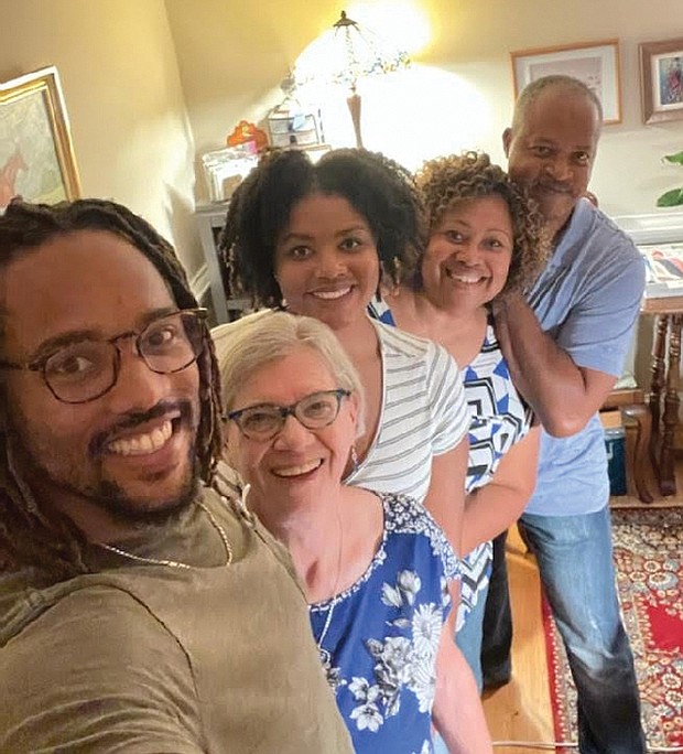 The Mines family pauses to take a selfie with Kate Tweedy during their first meeting last September. They are, from left, Adrian Mines, Kate Tweedy, Lauren Mines, Beatrice Mines and Mike Mines.