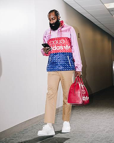James Harden wore an adidas x Gucci candy pink and multicolor acetate....