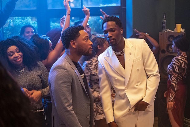 (L center-R) JACOB LATIMORE as Kevin and TOSIN COLE as Damon in New Line Cinema and HBO Max’s "HOUSE PARTY.” 

Photo by Ron Batzdorff