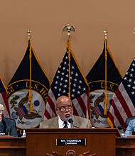 Members of the House Select committee Rep. Zoe Lofgren, left, Rep. Bennie Thompson, center, and Rep. Liz Cheney, right, during a business meeting in Washington, D.C., on March 28.
Mandatory Credit: Eric Lee/Bloomberg/Getty Images