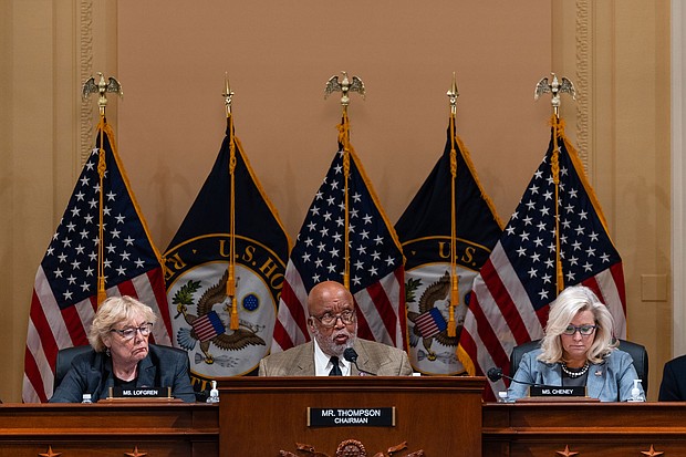 Members of the House Select committee Rep. Zoe Lofgren, left, Rep. Bennie Thompson, center, and Rep. Liz Cheney, right, during a business meeting in Washington, D.C., on March 28.
Mandatory Credit:	Eric Lee/Bloomberg/Getty Images