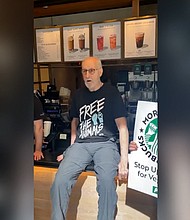 In protest of Starbucks charging more for vegan milk alternatives, Succession actor James Cromwell superglued his hand to a starbucks counter.
Mandatory Credit: PETA