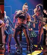 This combination of three separate photos shows, from left, James Jackson, Jr., Jaquel Spivey, L. Morgan Lee during a performance of “A Strange Loop, “ Brittney Mack during a performance of “Six,” and Hugh Jackman and Sutton Foster during a production of “The Music Man.” Nominations for this year’s Tony Awards were announced Monday.