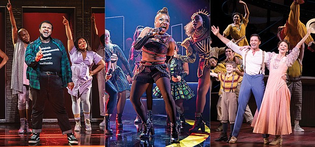 This combination of three separate photos shows, from left, James Jackson, Jr., Jaquel Spivey, L. Morgan Lee during a performance of “A Strange Loop, “ Brittney Mack during a performance of “Six,” and Hugh Jackman and Sutton Foster during a production of “The Music Man.” Nominations for this year’s Tony Awards were announced Monday.