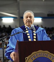 Dr. William R. “Bill” Harvey offers words of advice to graduates during his final commencement as Hampton University’s president. He is retiring in June after 44 years at the helm.