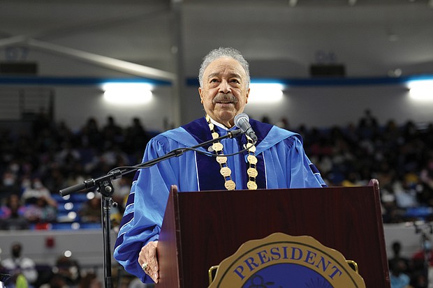 Dr. William R. “Bill” Harvey offers words of advice to graduates during his final commencement as Hampton University’s president. He is retiring in June after 44 years at the helm.