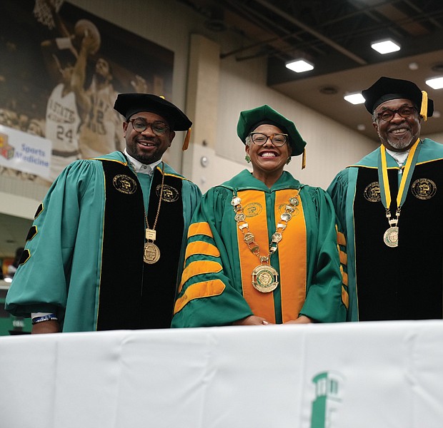 Norfolk State University commencement speaker and actor Keith David, second from right, is all smiles after receiving the Presidential Medallion during the ceremony last Saturday. With him are, from left, NSU Rector and 2000 NSU graduate Devon M. Henry, chief executive officer and president of Team Henry Enterprises, the contracting firm that removed the Confederate statues from Richmond’s Monument Avenue; NSU President Javaune Adams-Gaston and Provost DoVeanna Fulton.