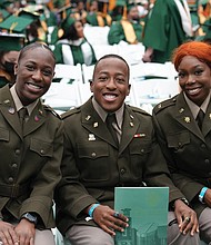 Newly commissioned Army ROTC officers, from left, Desiree Alford, Willie Bright and Monteau Jones smile during Norfolk State University’s commencement last Saturday at Echols Memorial Hall Arena.