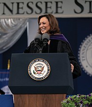 Vice President Kamala Harris delivers the commencement address during the Tennessee State University graduation ceremony last Saturday in Nashville, Tenn.